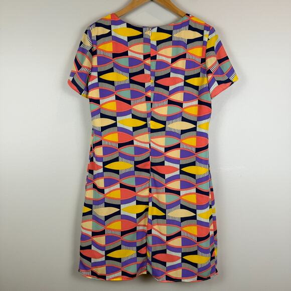 Lavender Brown Mini Dress Womens M Multicolor Geometric Print Short Sleeve Retro - Picture 3 of 7
